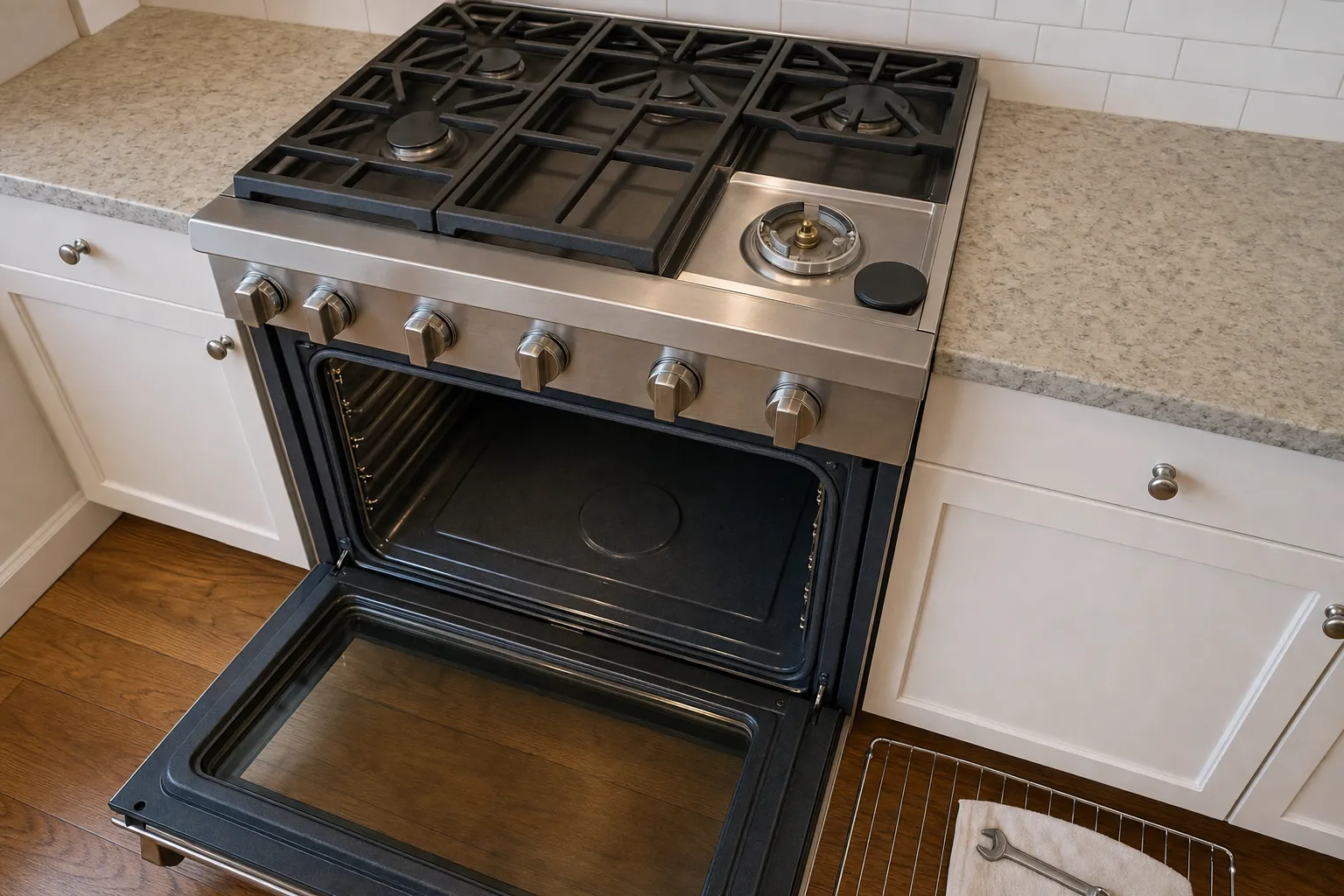 Stainless gas range under a stone countertop, oven door open and one burner cap lifted off its base