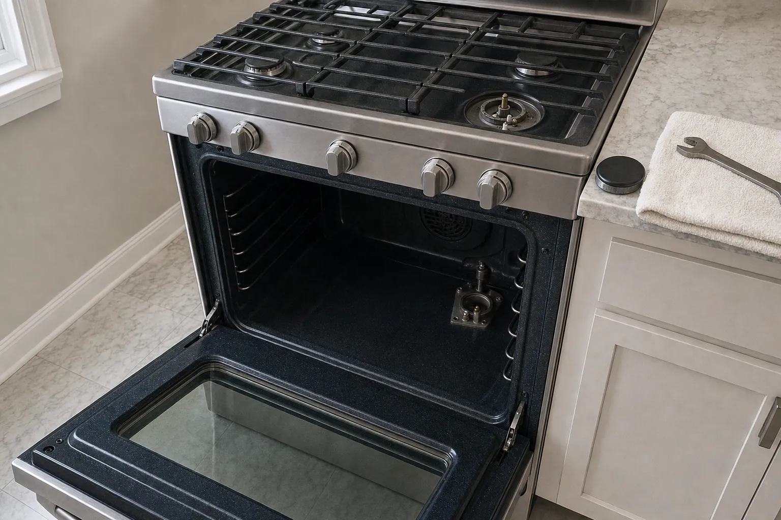 Stainless gas range in a tiled kitchen, oven door open and a burner base exposed with the cap removed