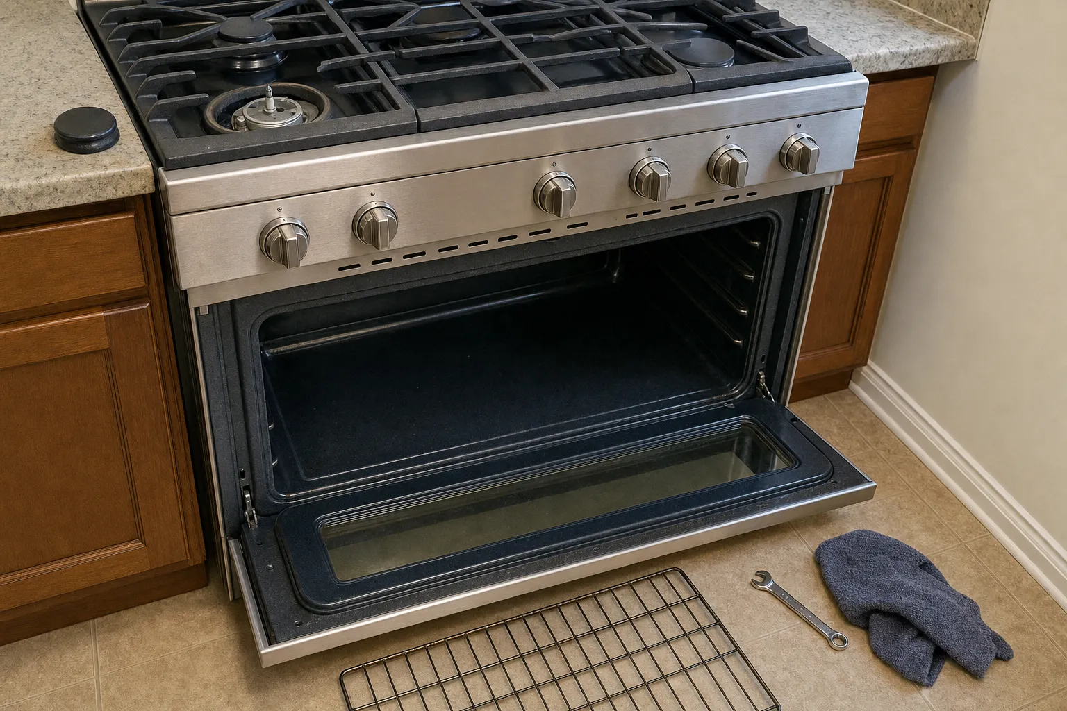 Wide stainless gas range set between cabinets, oven door open and an oven rack on the floor with a wrench