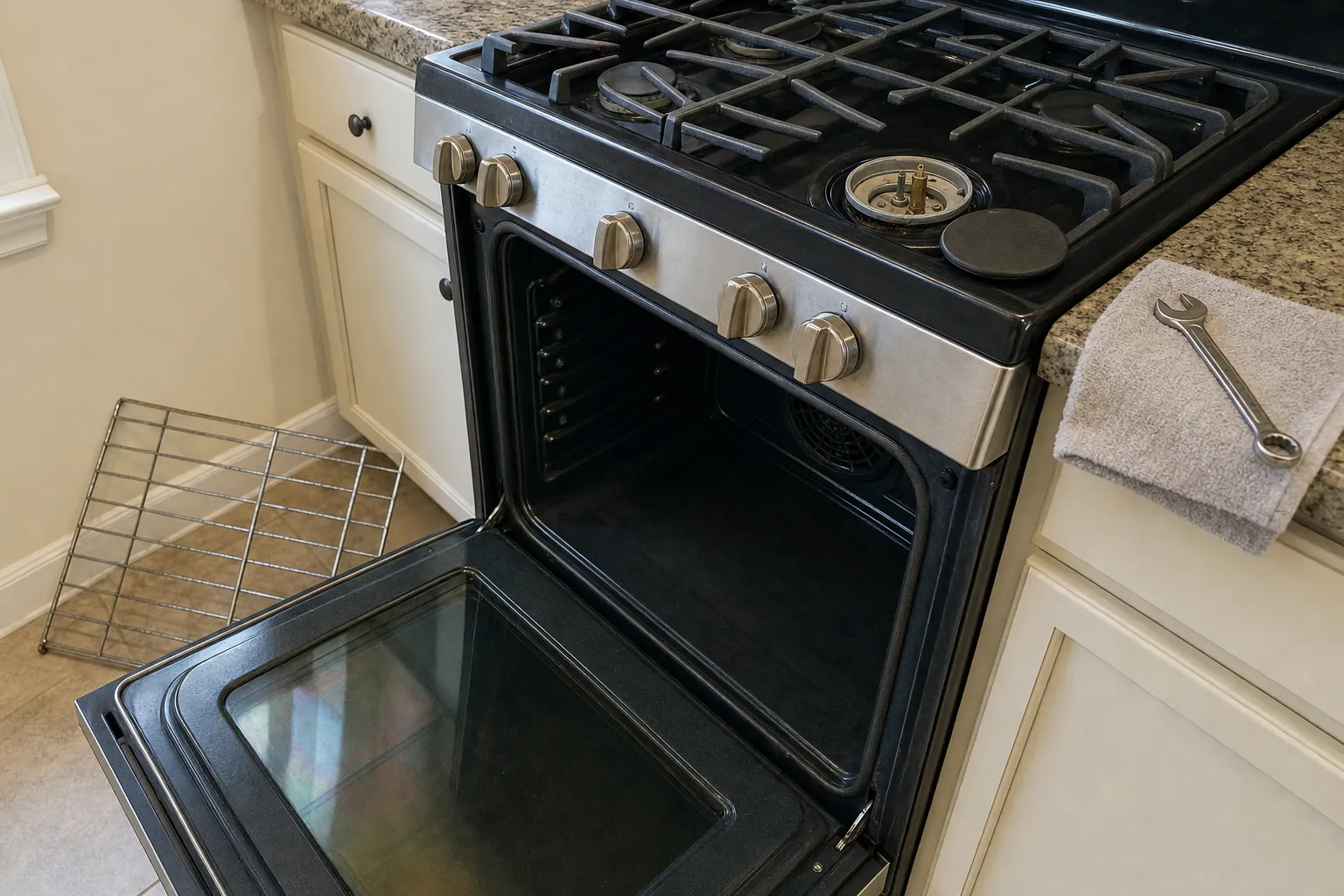 Stainless gas range between cream cabinets with a front burner stripped down to its electrode, a wire rack on the floor and a wrench on a towel on the counter
