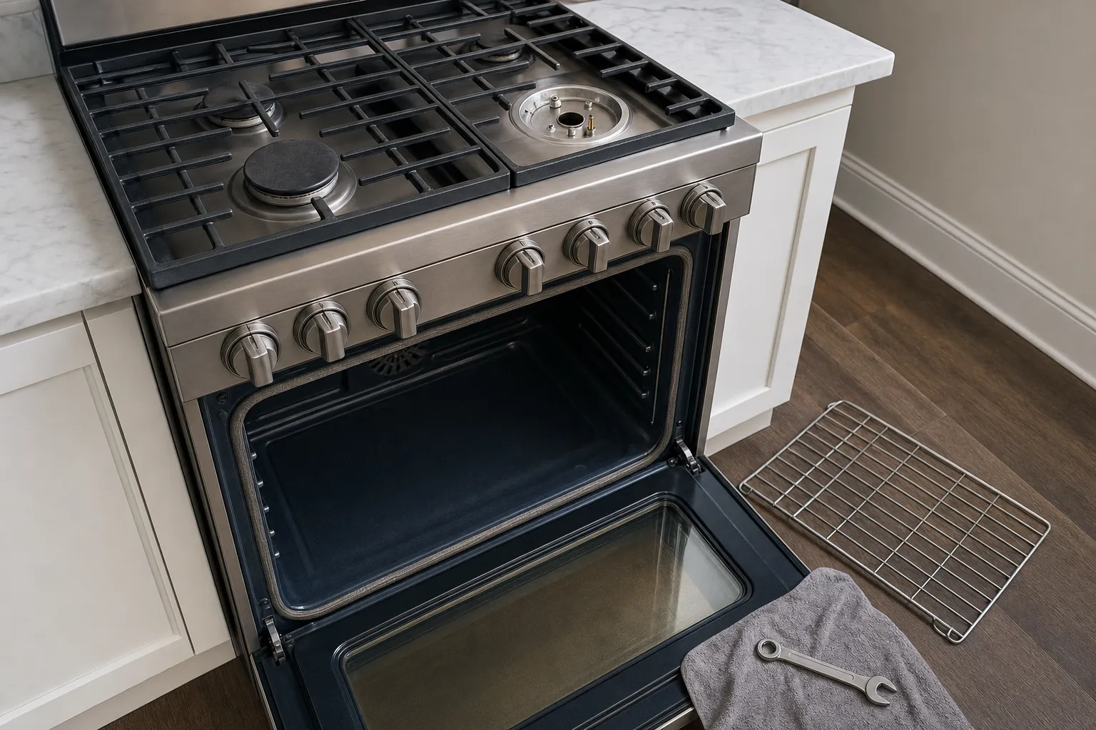 Stainless range with marble counters on either side, one burner base bare on the right-hand section and a towel and wrench on the open oven door