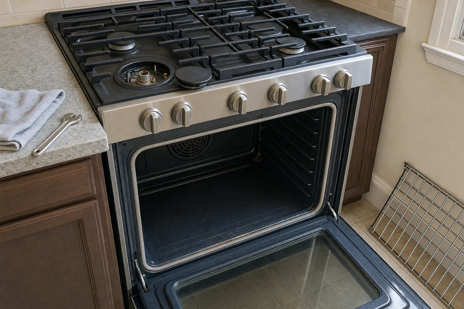 Stainless gas range in dark walnut-toned cabinets, the left front burner apart with its cap beside it and a wrench on a folded towel on the counter