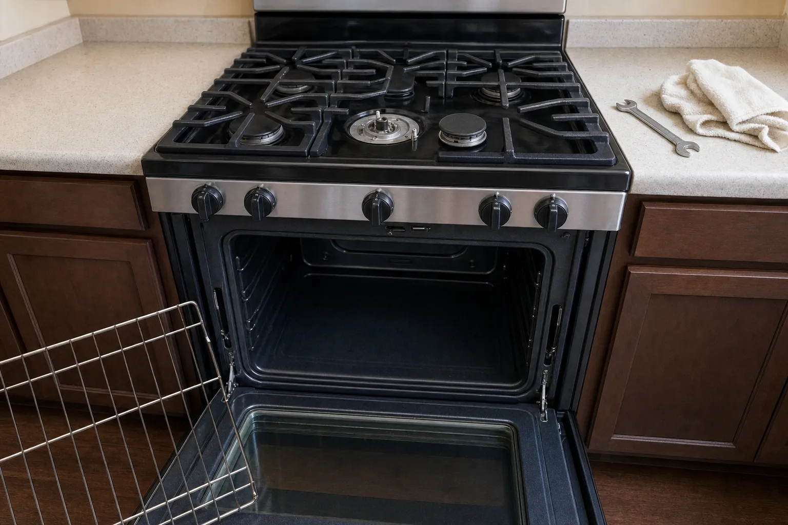 Straight-on view of a gas range with black knobs, its centre burner opened up, a wire rack in the foreground and a wrench beside a towel on the counter