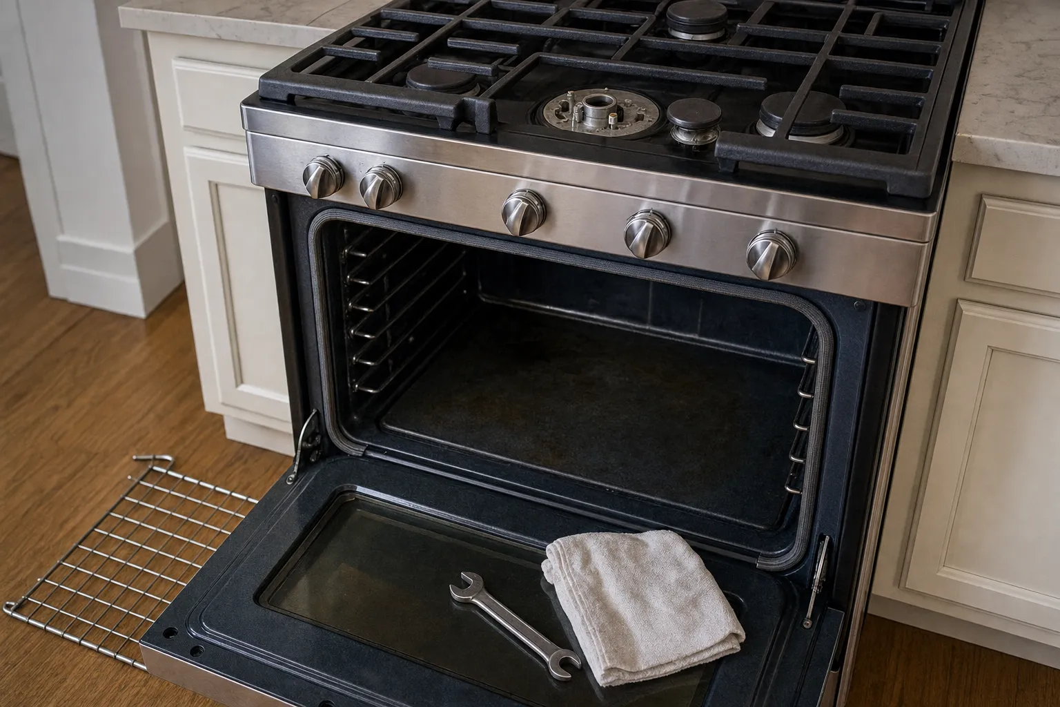 Gas range with its centre burner base exposed, the oven door lowered and a wrench and folded towel lying on the inner glass