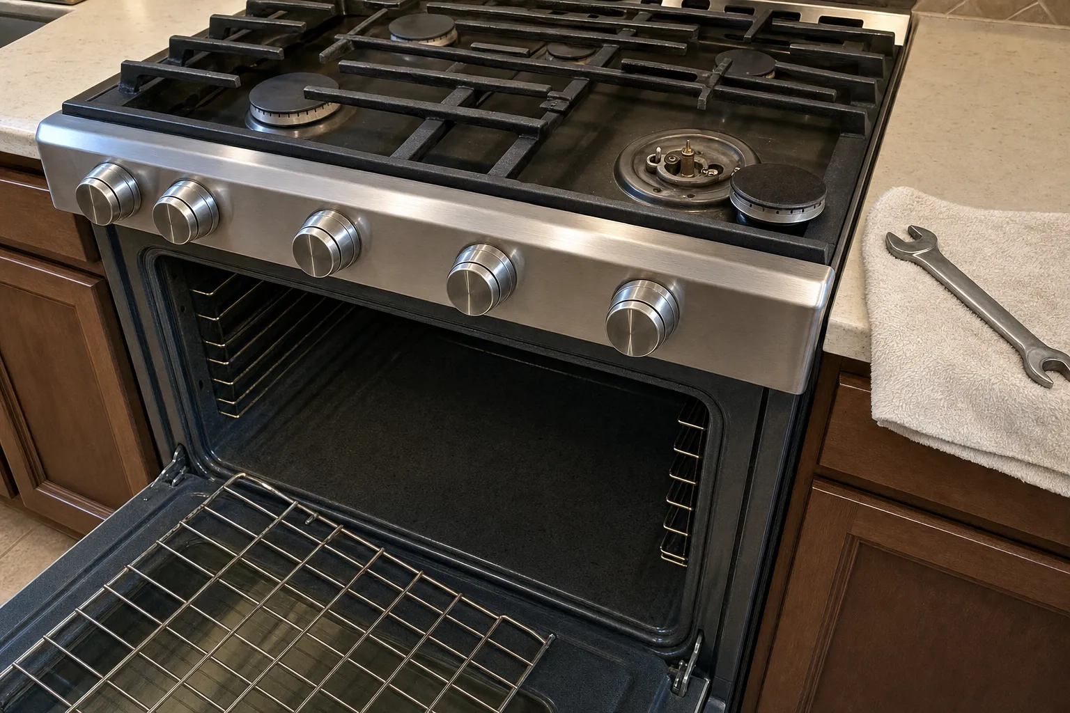 Close angled view of a gas range with one right-hand burner taken apart and an oven rack laid across the open door