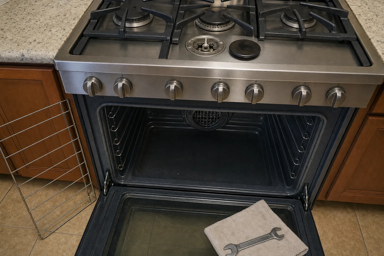 Stainless range seen from above with a front burner base bare and its black cap beside it, a rack leaning at the left and a towel with a wrench on the door