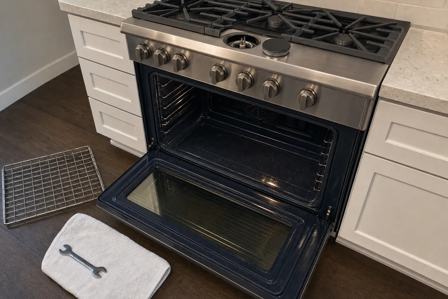 Stainless range in white shaker cabinets with a centre burner bare to its base, the oven standing open and a wrench on a white towel on the floor