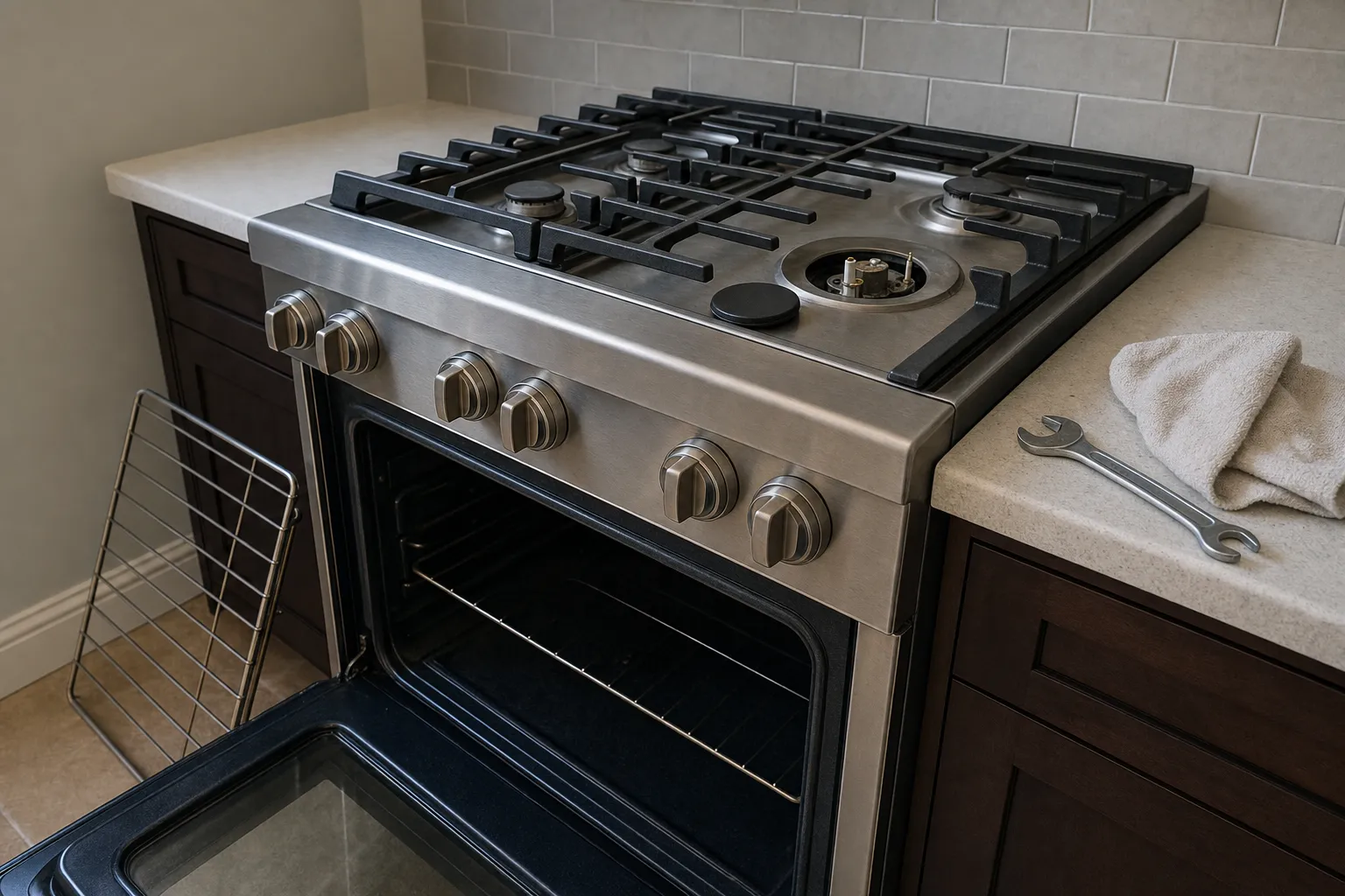 Stainless gas range with its knobs set in pairs, the right-hand burner lifted apart, a rack leaning against the cabinet and a wrench beside a towel on the counter