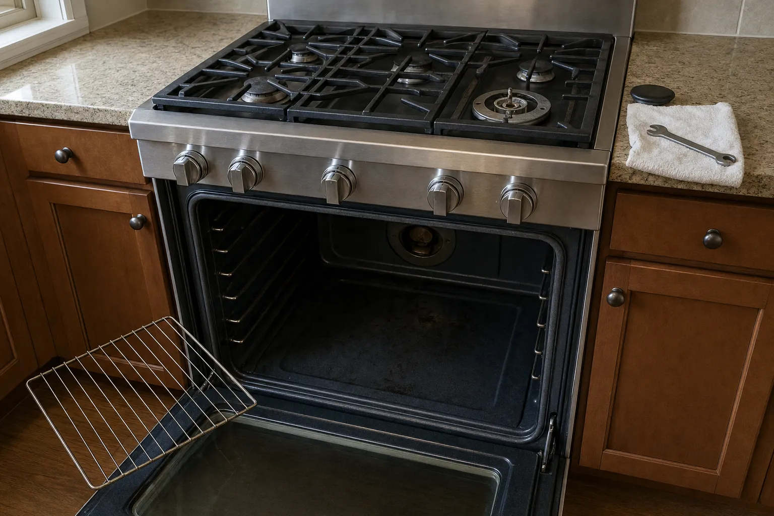 Gas range in honey-coloured cabinets under a granite counter, the right front burner apart, its cap and a wrench on a towel on the counter and a rack on the door